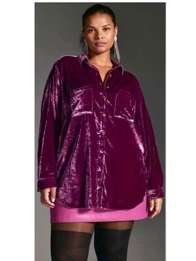 Anthropologie Pilcro Hadley Crushed Velvet Button-Up Relaxed Shirt Purple Large